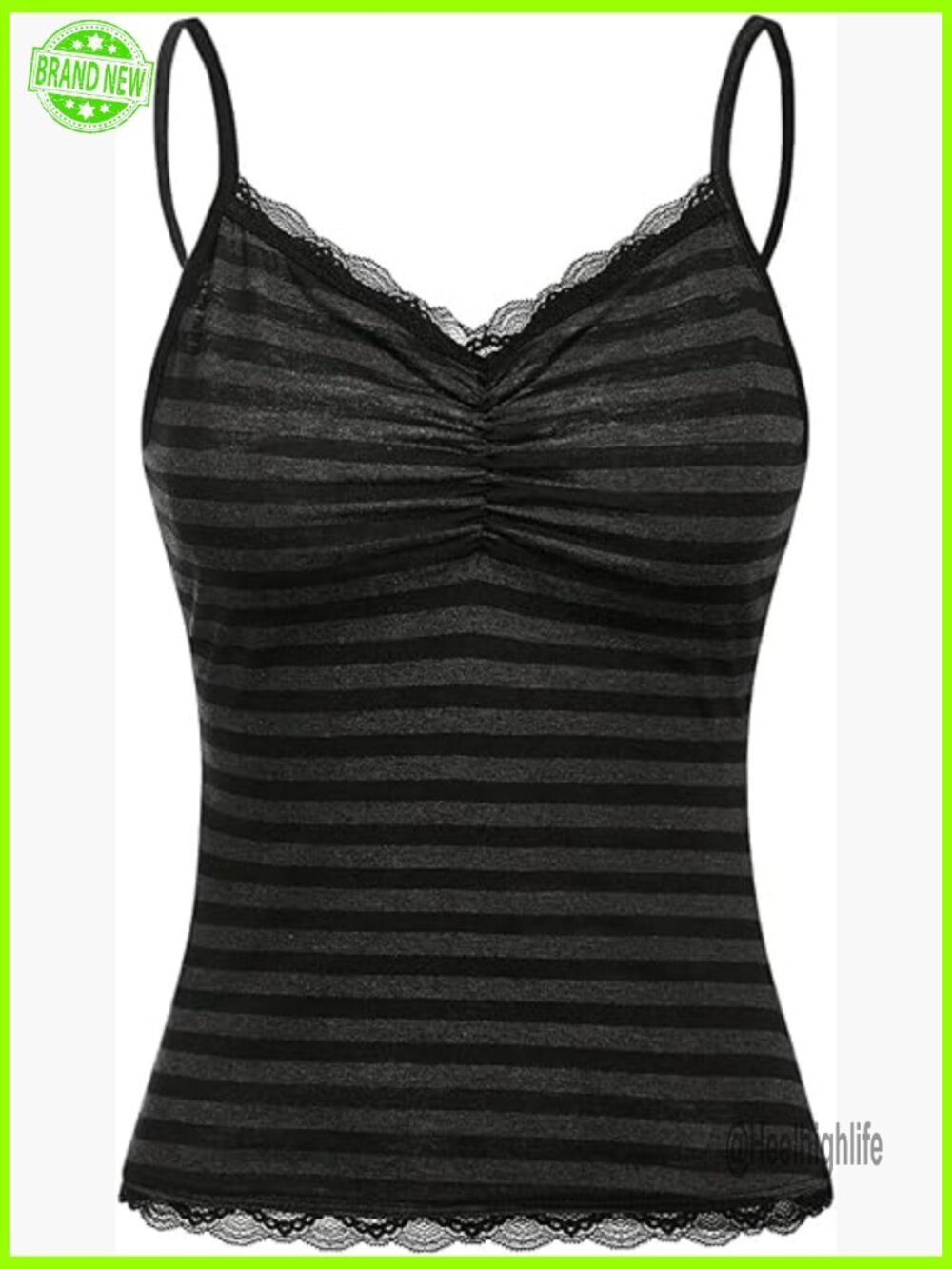 Y2K Striped Lace Trim Tank Top - Sheer V Neck Cami Summer Casual Fitted
